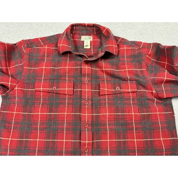 L.L. Bean Flannel Mens Large Heavyweight Red Blue Button Up Shirt Tall MT07 - Picture 5 of 10
